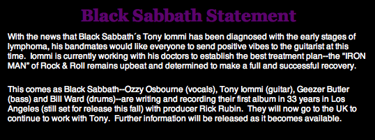 Statement: Black Sabbath, 09.01.2012